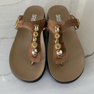 SAS Sanibel Dazzle T-Strap Slide Sandals, Brown Gold, Women’s 9M